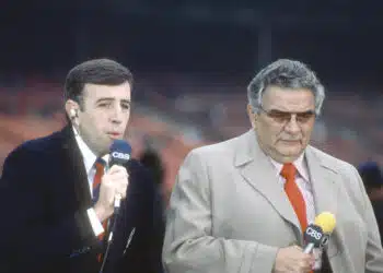 UNSPECIFIED - CIRCA 1985: CBS NFL Today Show commentator Brent Musburger analyst Jimmy Snyder on the air prior to the start of an NFL Football game circa 1985.